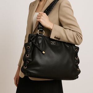 Michael Kors Black Leather Braided Handle Tote Satchel Whipstitch Grommet Large